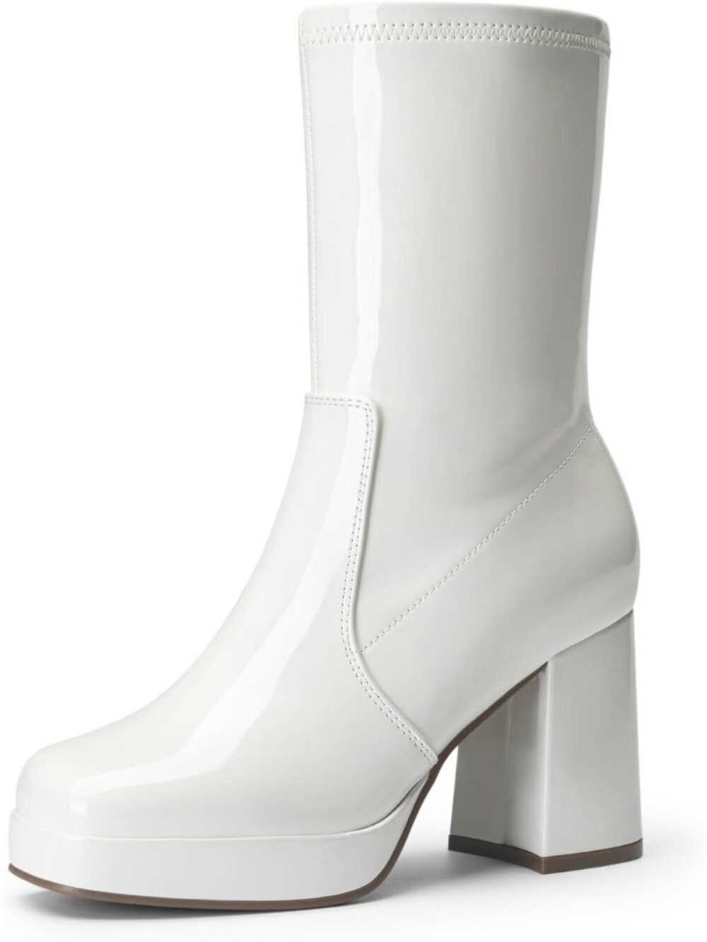 Women's White Patent Mid Calf Stretch Shaft Side Zipper Chunky Block Heel Boots